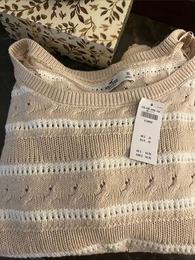 Hollister Cream and White Striped Open-Knit Crew Sweater